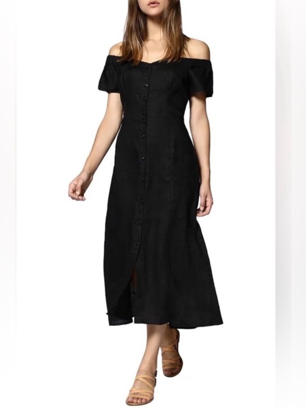 Sanctuary Black 100% Linen Button Front Midi Dress Off Shoulder Small